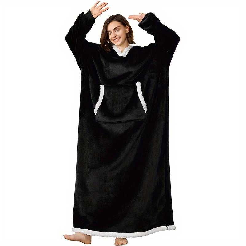 Image of [8 Color Options]winter Christmas Style Extra Long Plush Robe 150cm Warm Hooded Flannel Wearable Blanket