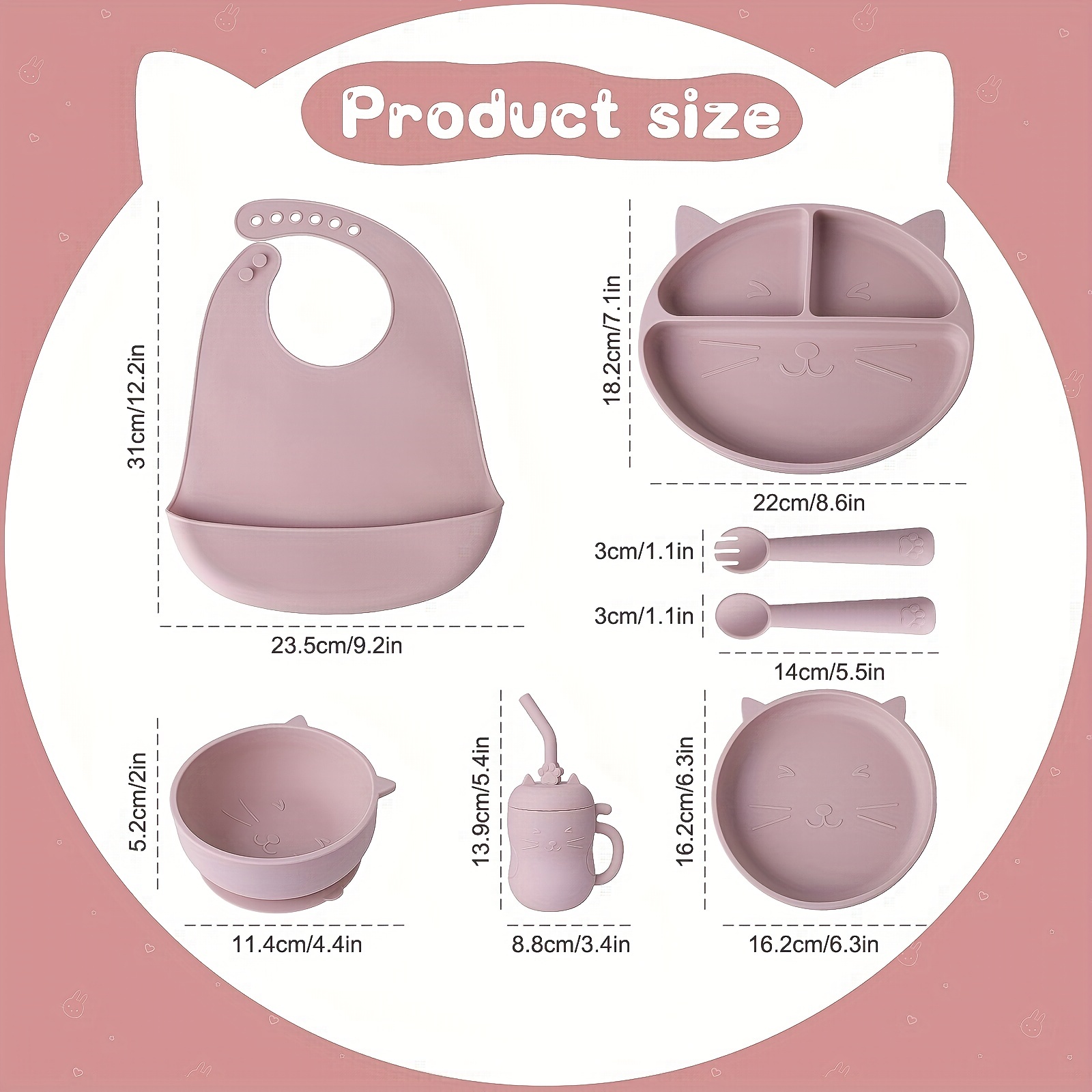 Muyoka Juego de vajilla de silicona para bebés y niños pequeños, tazón y  plato dividido y babero ajustable y cuchara suave y tenedor, para bebés y