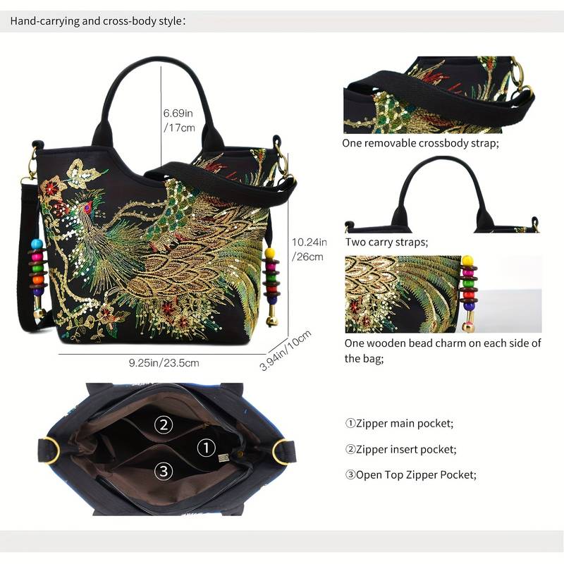 womens embroidered satchel bag fashion double handle purse retro style handbag with removable strap details 1
