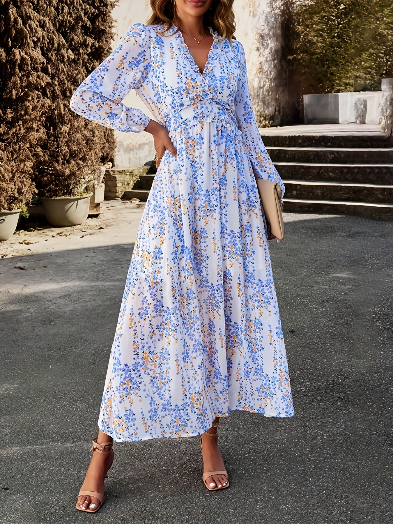 print chiffon maxi dress with ruffle hem v neck long sleeve   travel   print leaf pattern waist design details 1