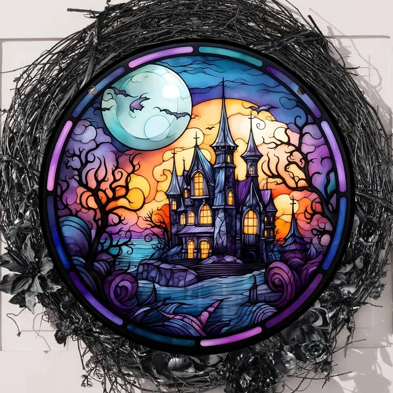 1pc halloween moon castles stained suncatcher halloween window hanging fall decor home decor party gifts for halloween wreath sign details 6