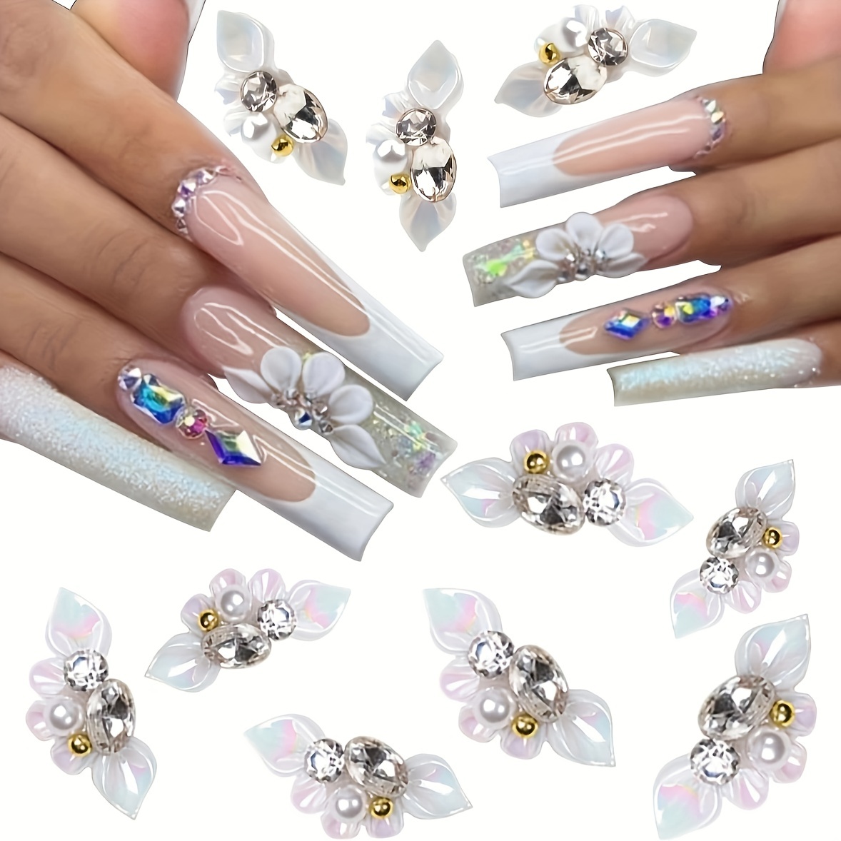

20pcs, Exquisite 3d Flower Nail Charms, Inlaid Rhinestones & Faux Pearls, Resin Nail Decors, For Diy Nail Supplies