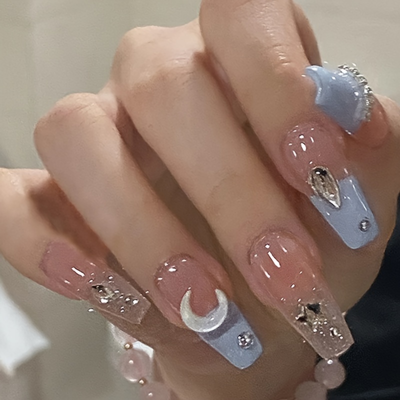 

24pcs Press On Ballet Nails Set, Mixed Color System With Moon And Colorblock Design, Middle Length, Glossy Finish With Rhinestone Embellishment - Full Cover Artificial Nails For Women