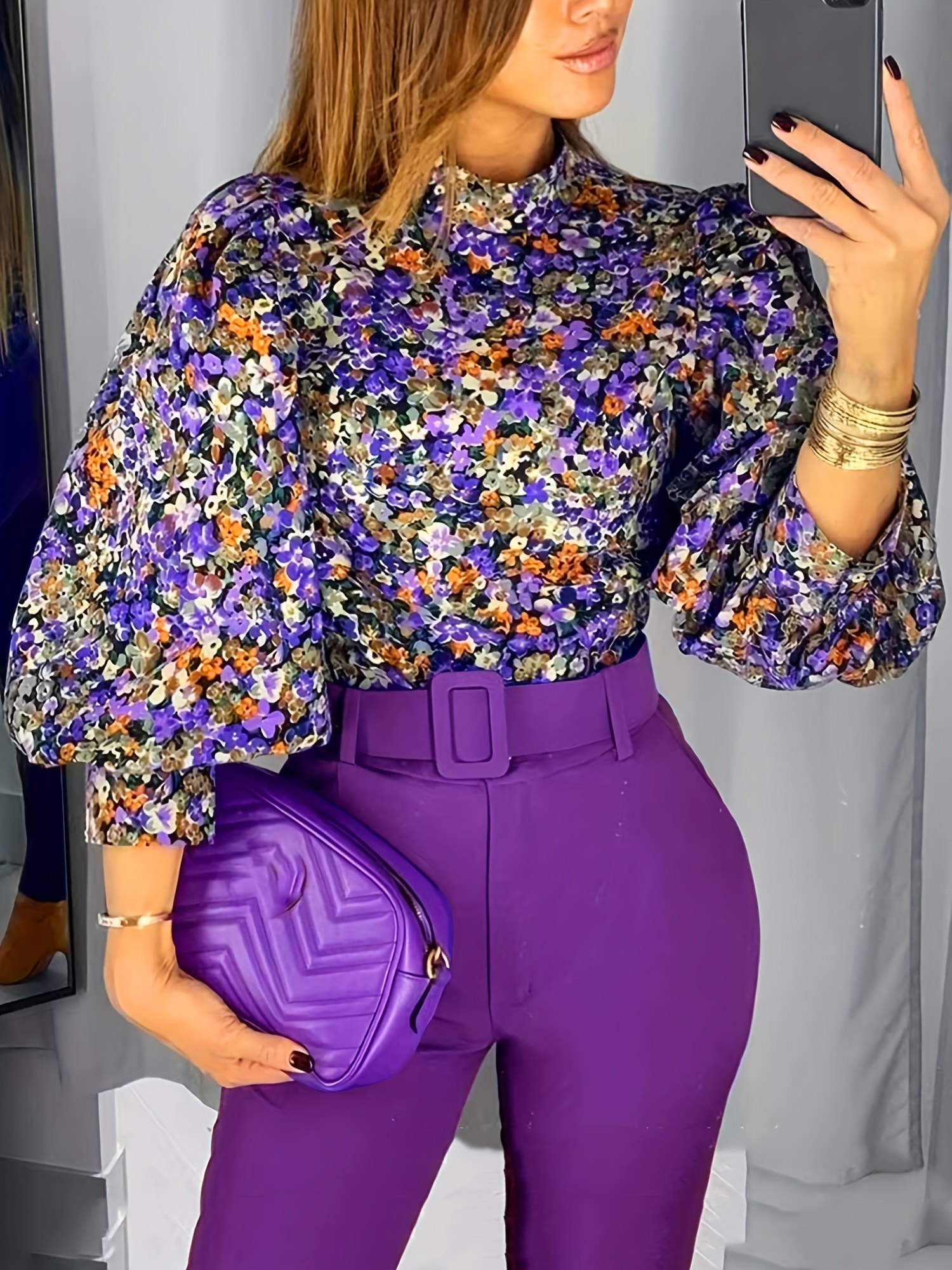 Floral Print Two piece Set Crew Neck Long Sleeve Top Wide - Temu