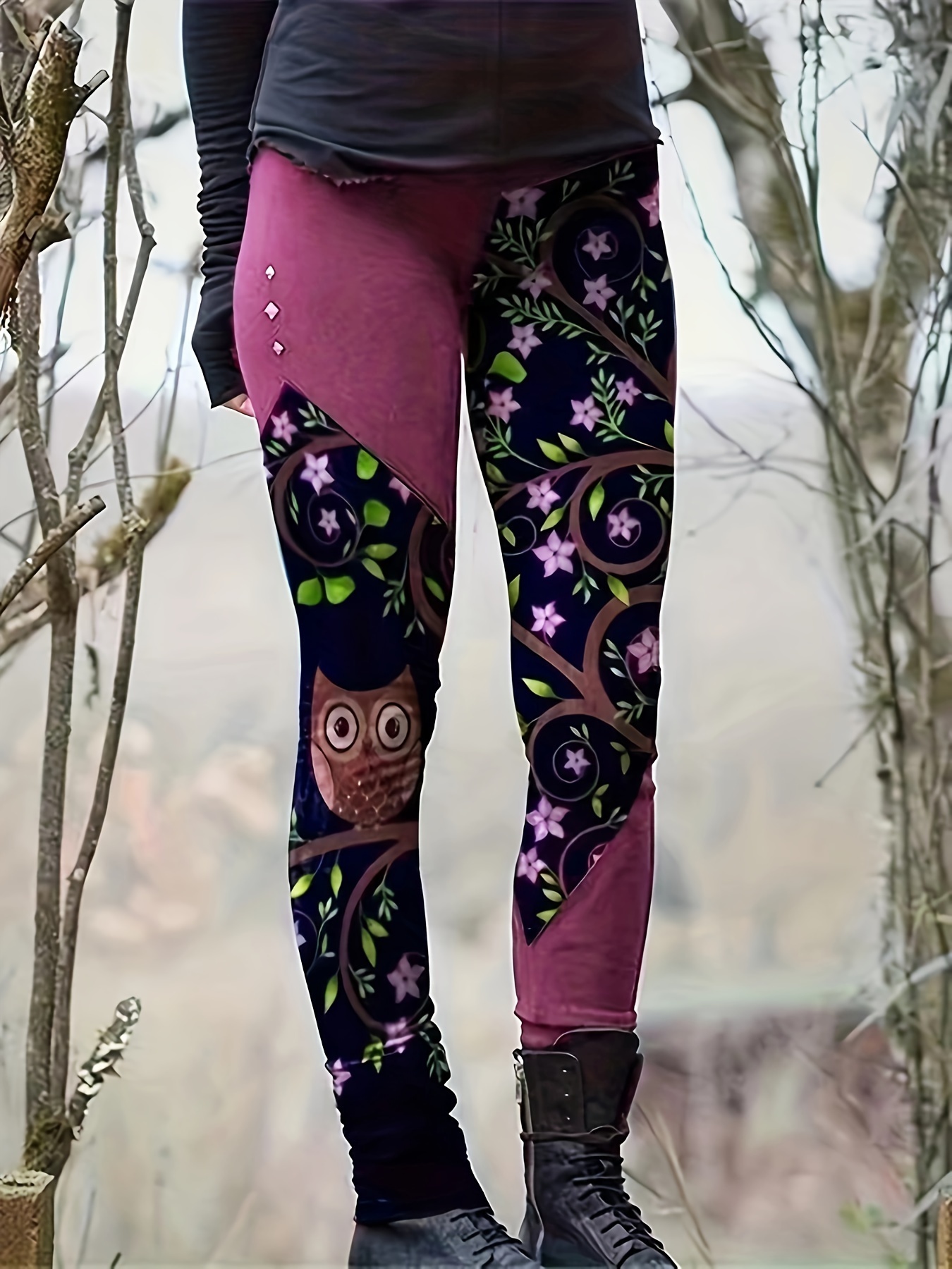 Plus Size Casual Leggings Women's Plus Colorblock Floral Owl - Temu