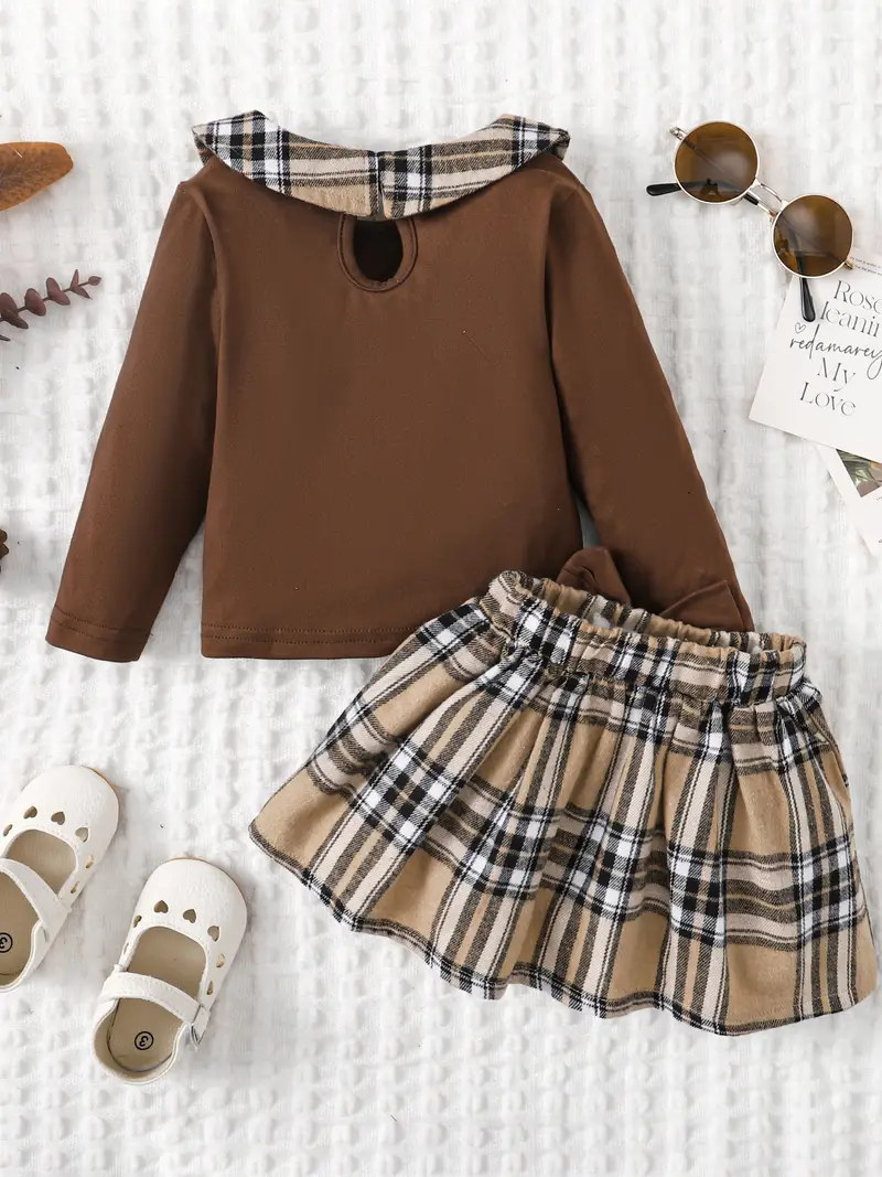 Baby Girls Long Sleeve Skirt Set Lapel Cute Embroidered Bear Top Plaid Pleated Skirt Set For Spring And Autumn Party details 1