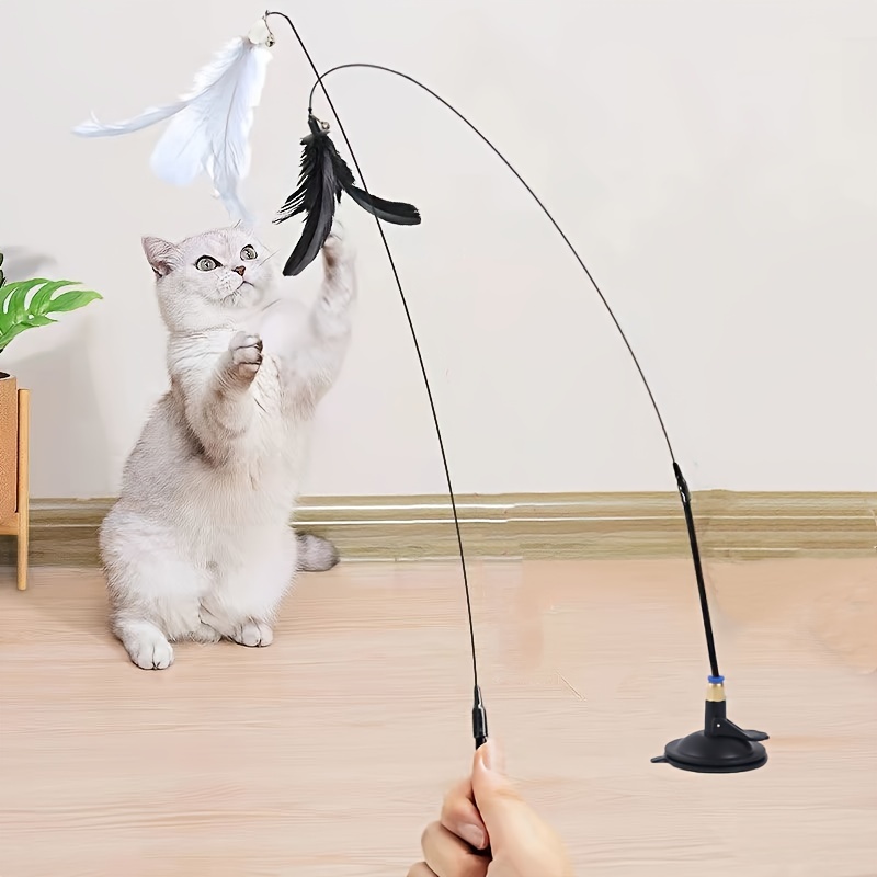 Cat Feather Toys With Bell And Suction Cup, Interactive Kittens Wand Teaser  Fishing Rod For Indoor