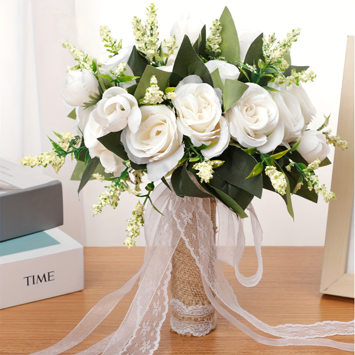 Wedding Bouquet With Lace Ribbons Artificial Rose Flower For - Temu