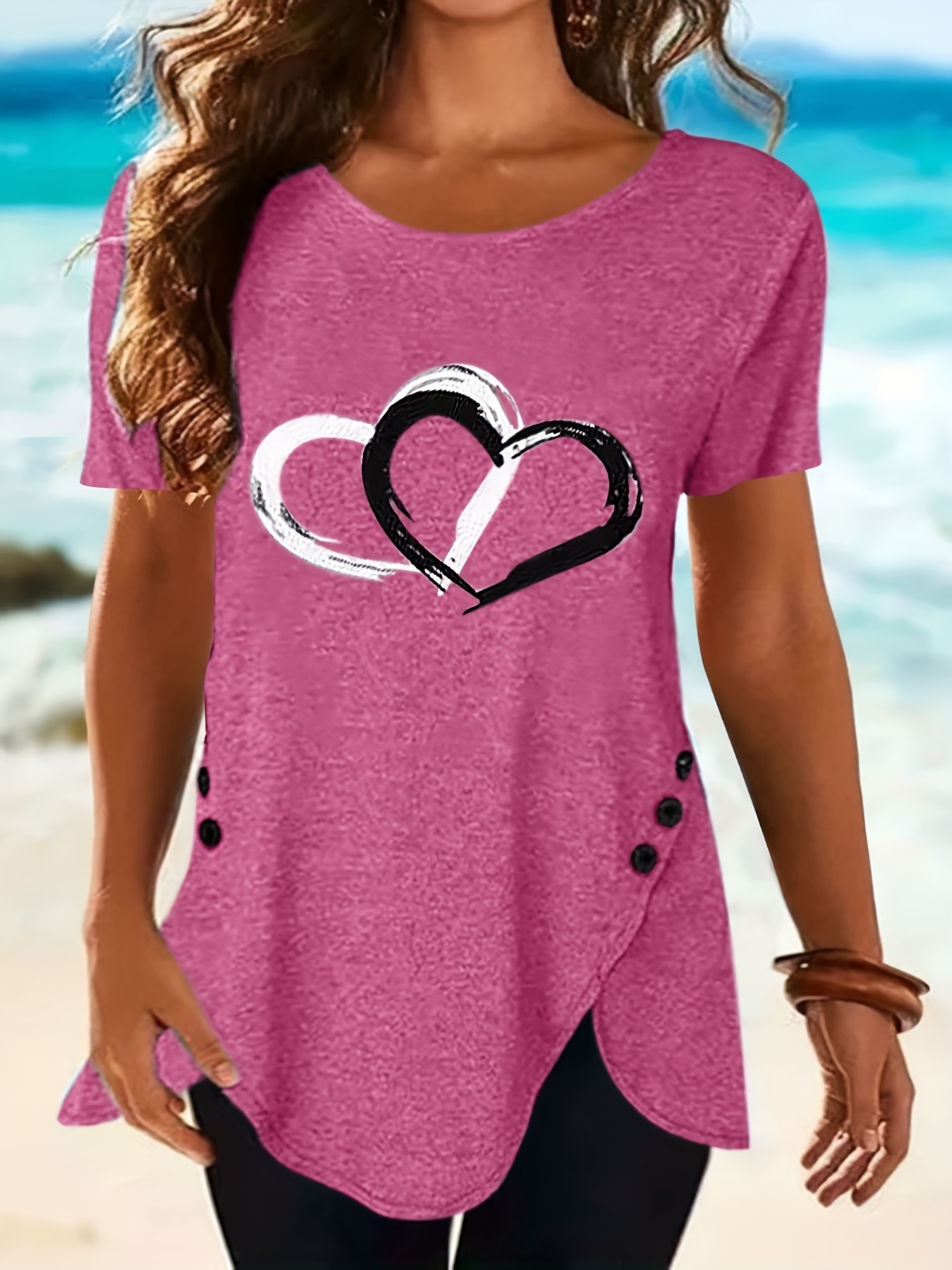  Womens Plus Size Tops Hot Pink Heart Shirts Short