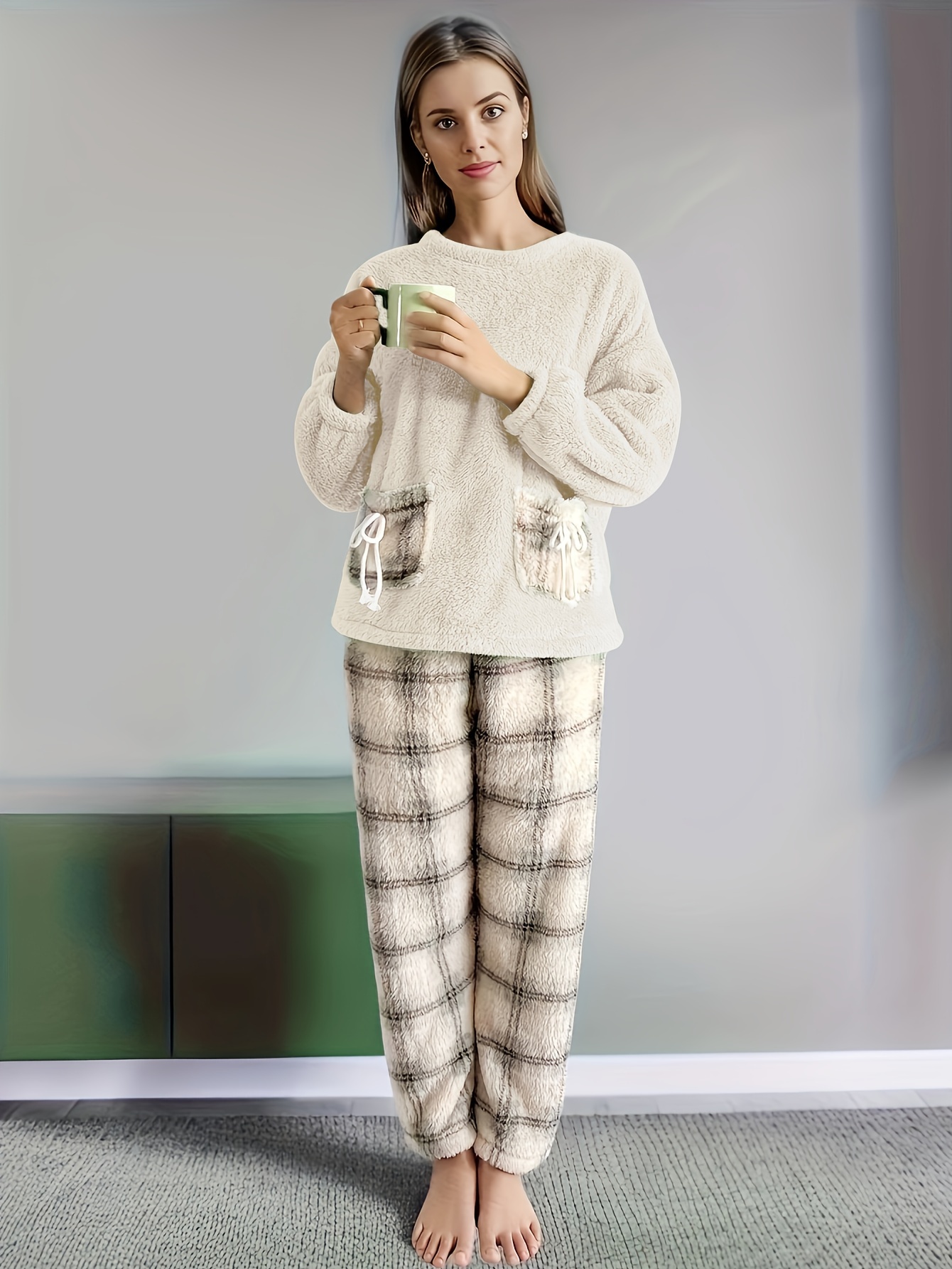 Casual Plush Pajamas Set Thickened Warm Long Sleeve Round - Temu Canada
