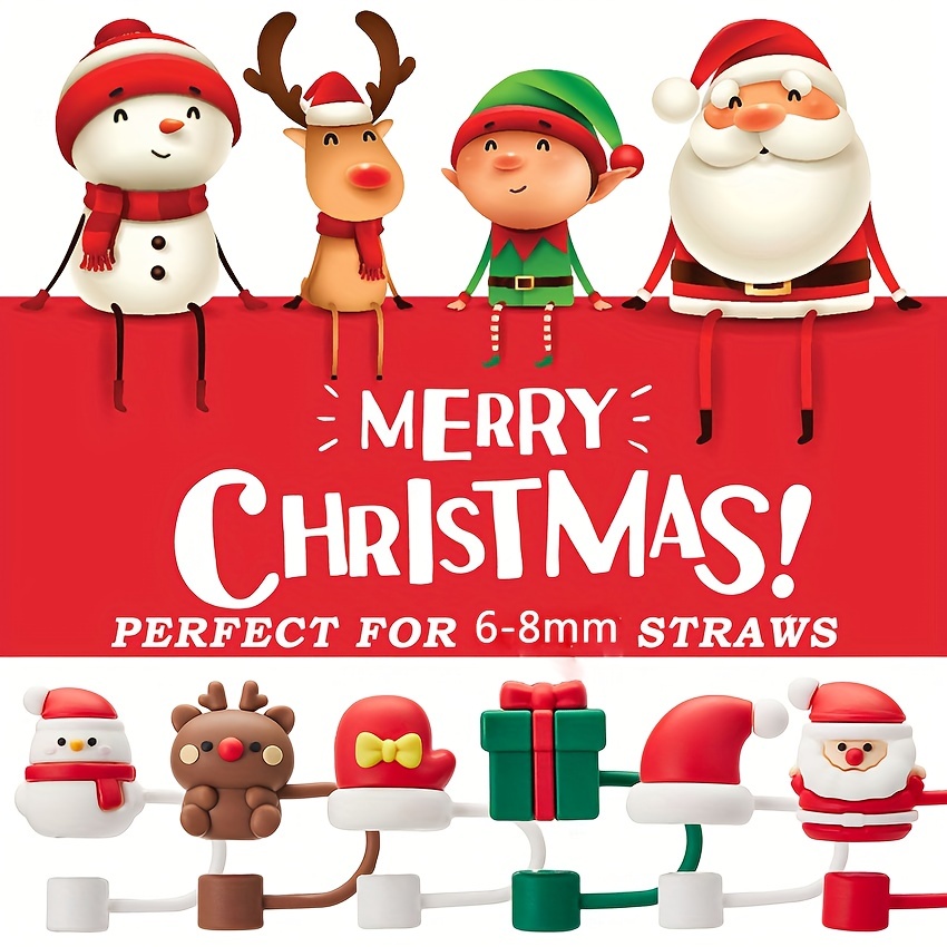 1-12PC Christmas Limited Straw Cover Reusable 8mm & 10mm Silicone