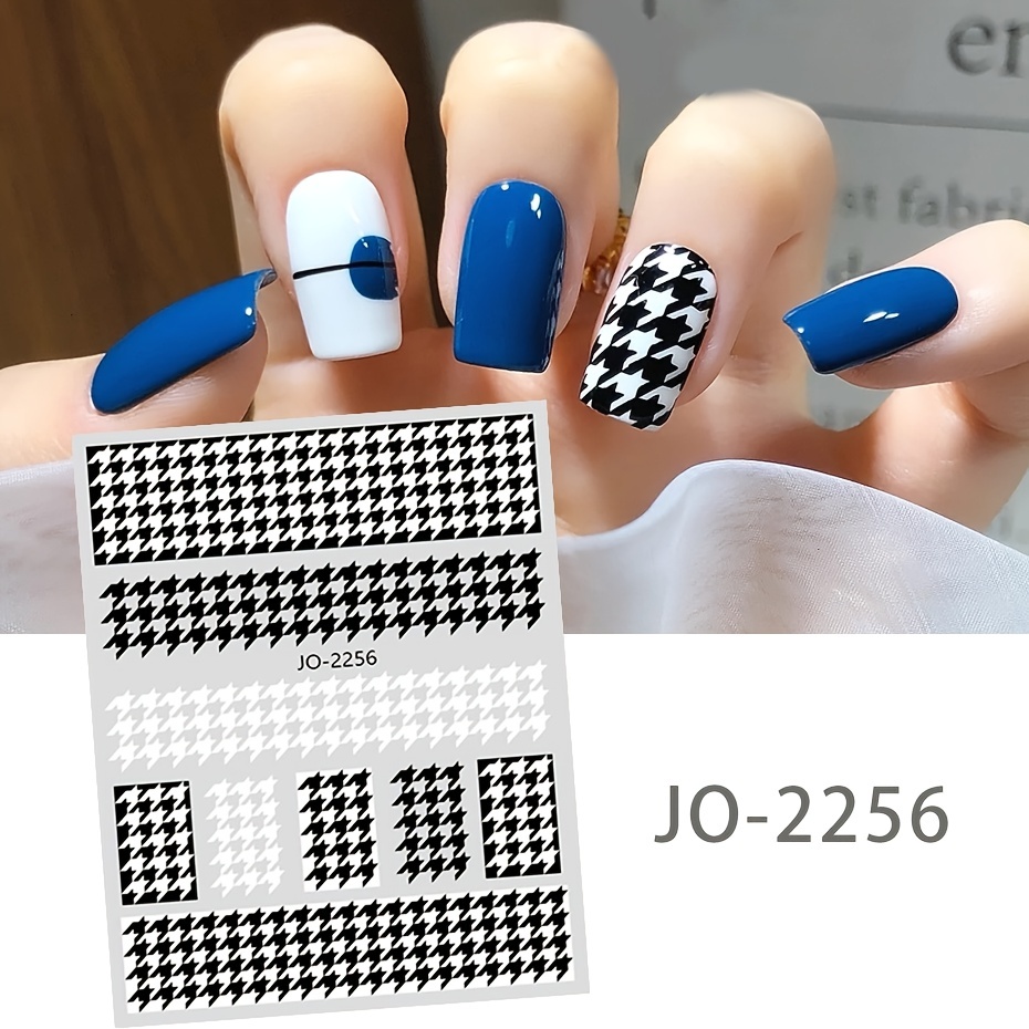 6pcs/set Checkerboard Love French Black White Blue Nail Sticker 3D Slider  for Manicure Polish Tattoo