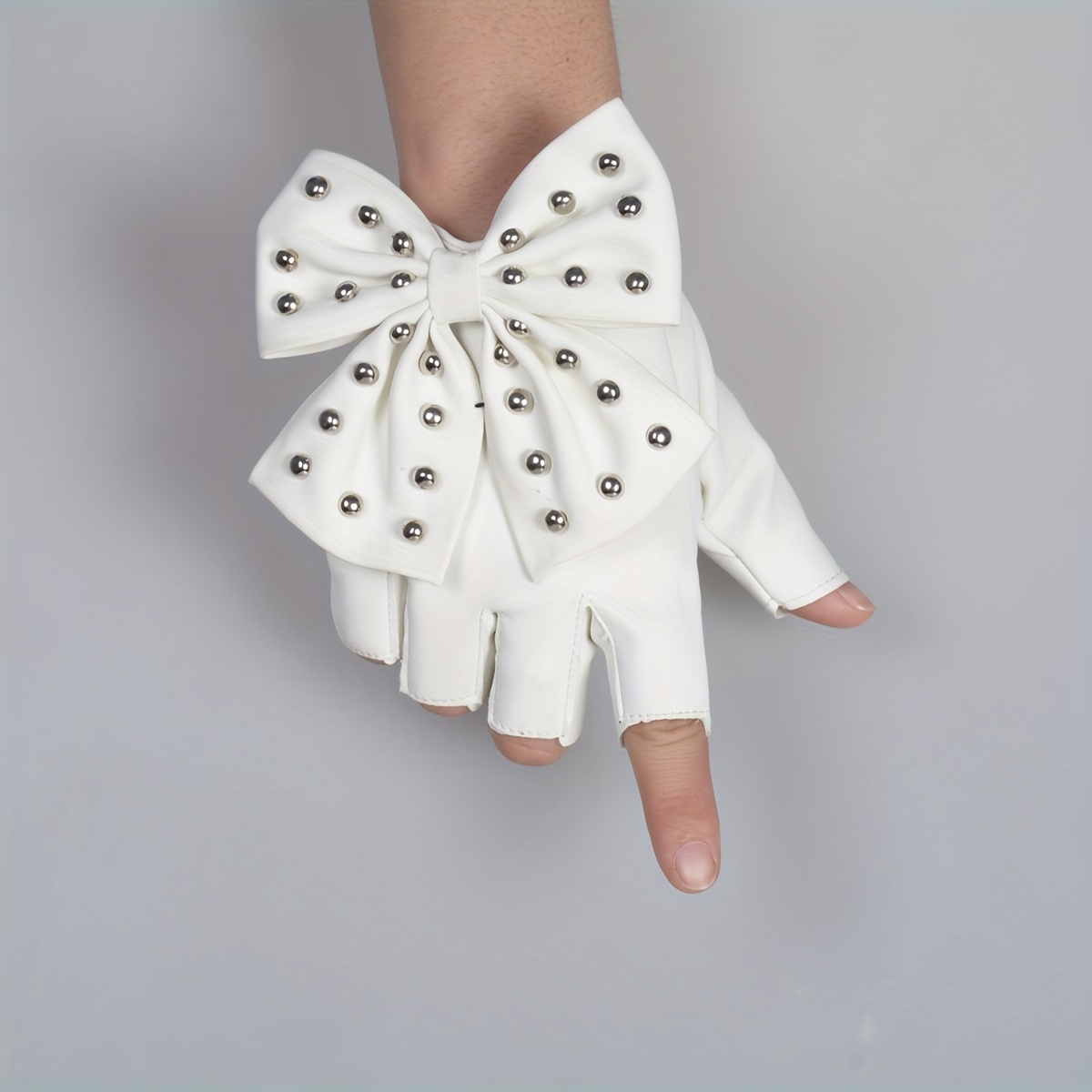 Rivet Bow PU Leather Gloves Punk Dance Performance Half Finger Gloves