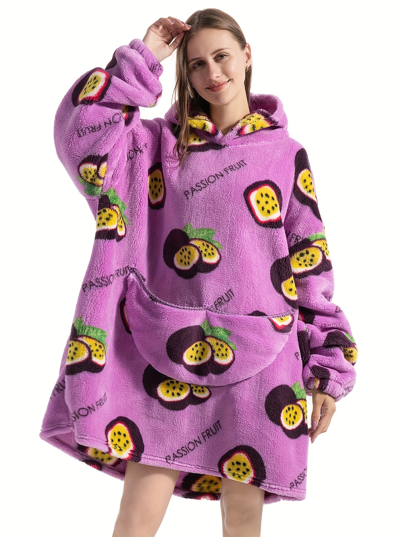 Plus Size Cute Lounge Robe, Women's Plus Passion Fruit Pattern Flannel  Ultra Soft Oversized Fleece Hooded Fluffy Wearable Blanket With Pockets