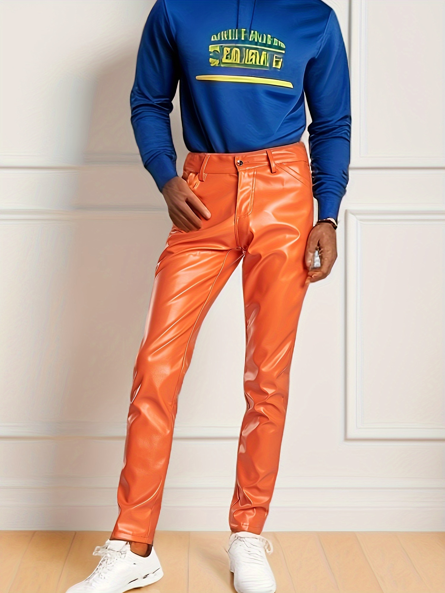 Men's Chic Pu Leather Pants Street Style High Stretch Skinny - Temu