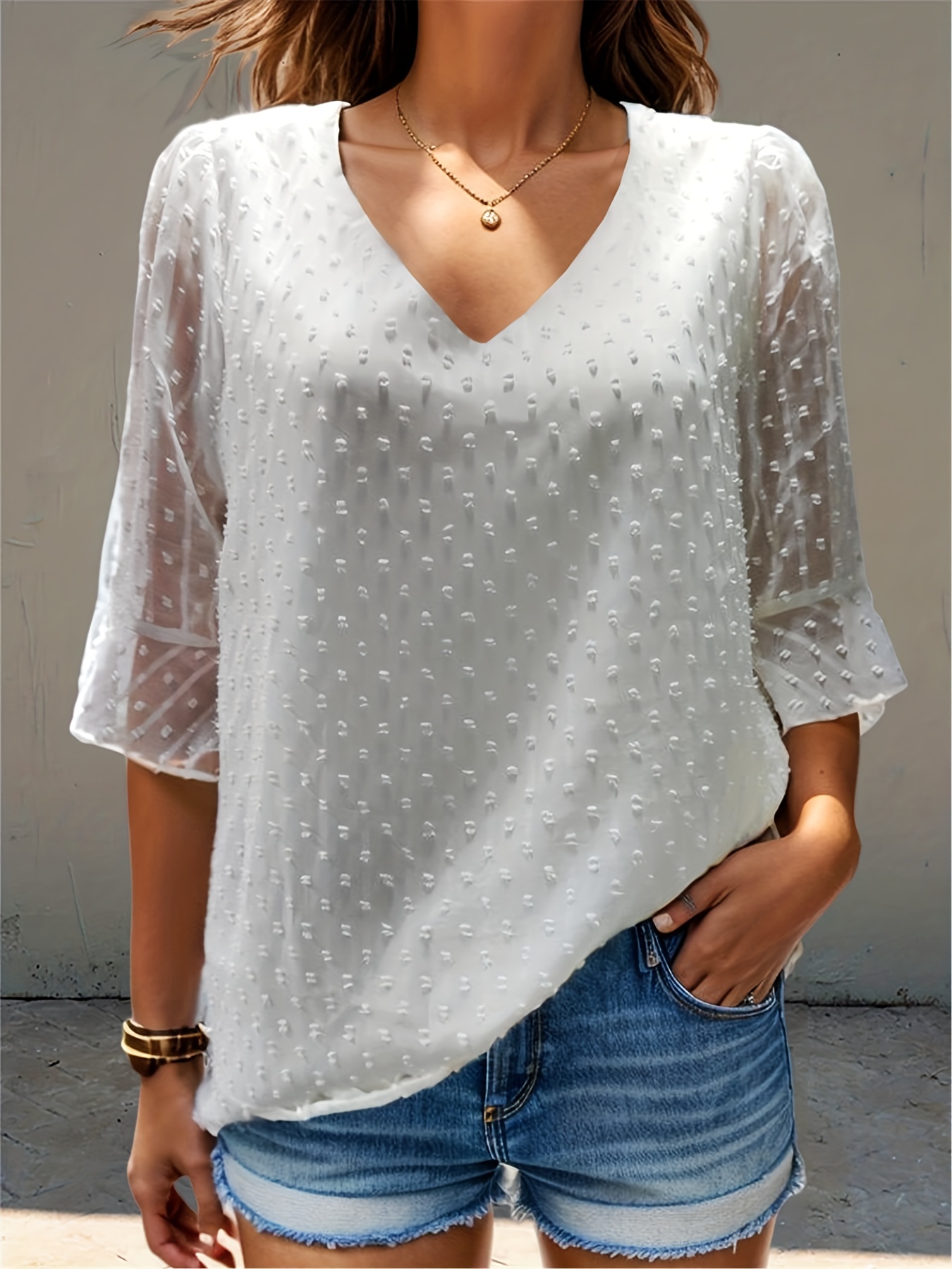 V-neck Loose Chiffon Shirt, Casual 3/4 Long Sleeve Fashion Blouses