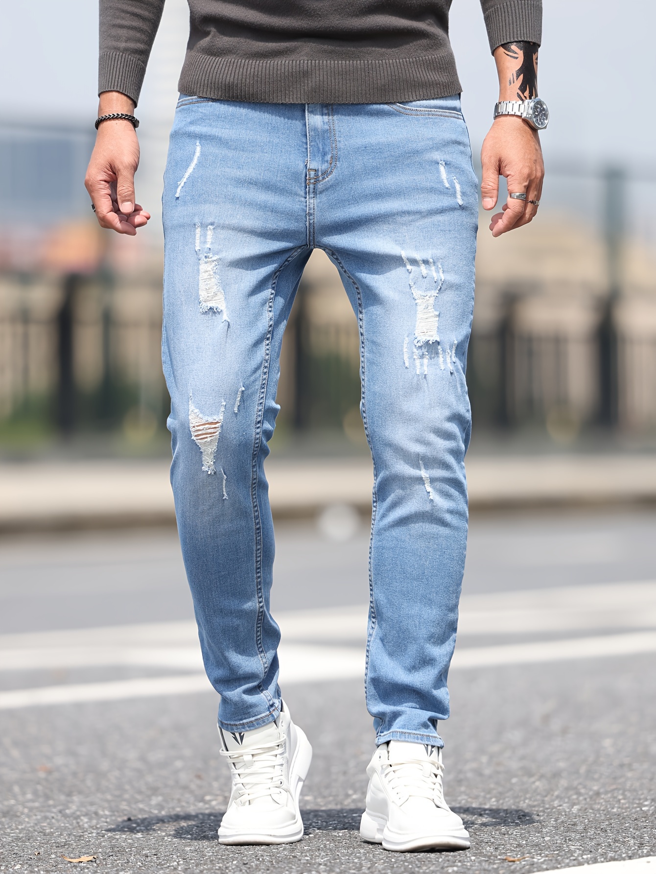 Men's Casual Skinny Jeans, Street Style Stretch Denim Pants