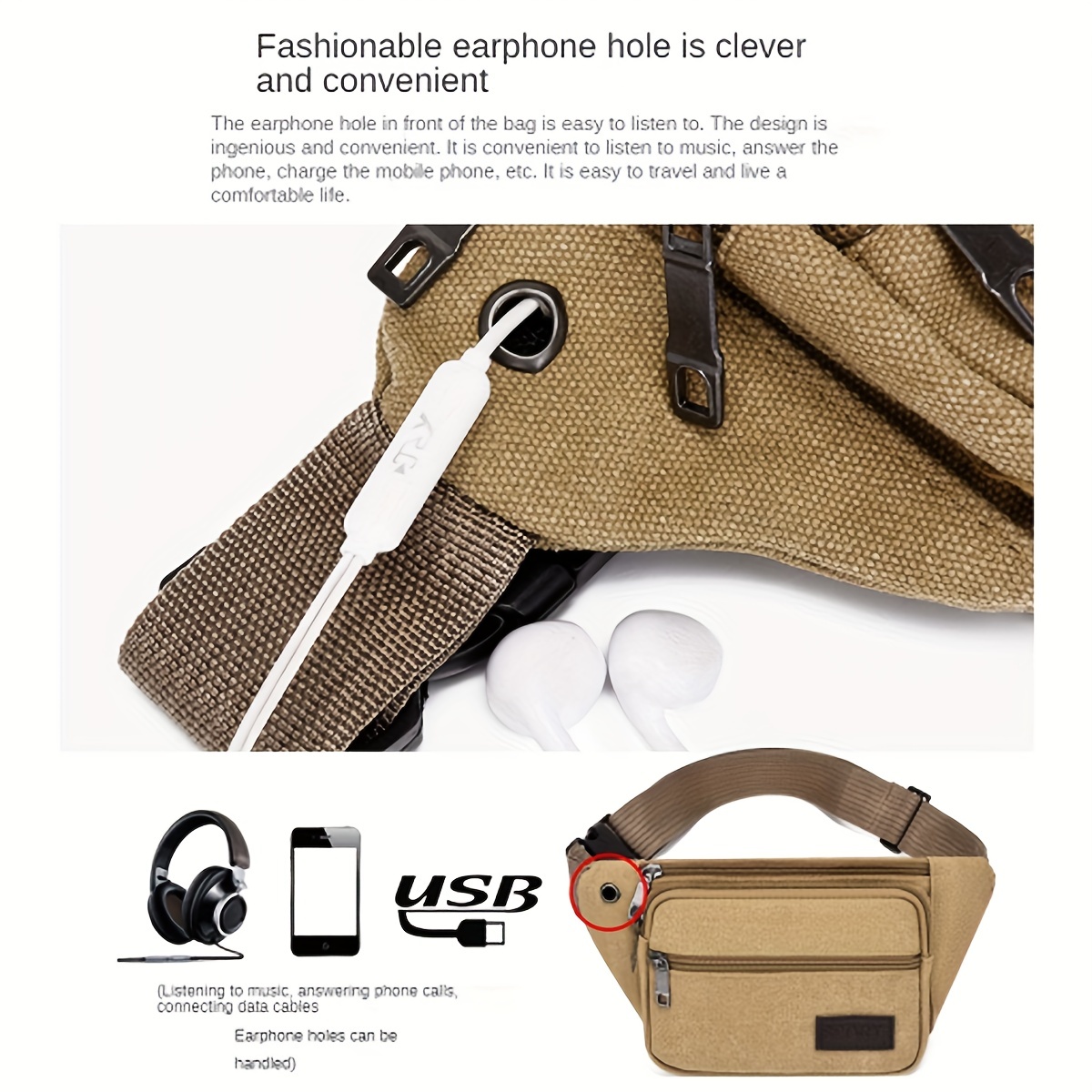  Unisex Canvas Crossbody Fanny Pack Casual Waist Bag Hip Bum Bag  with Earphone Hole for Outdoors Workout Traveling Running Hiking Cycling  Biking Rave and Festival (Khaki)