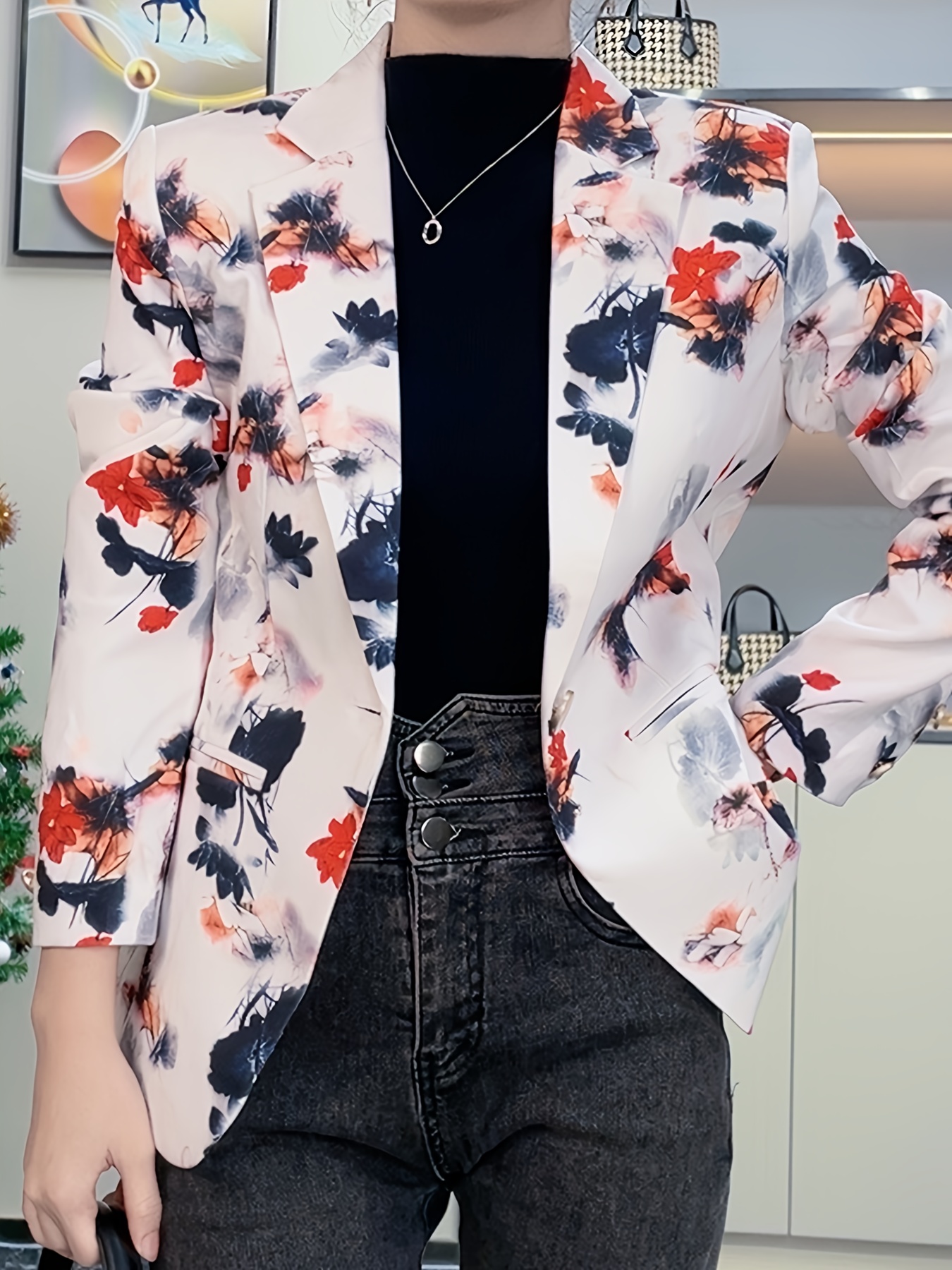 White floral shop print blazer womens