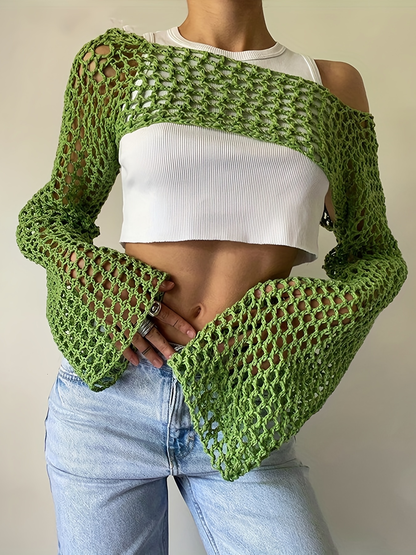 Crochet Cropped Knit Sweater Y2k Flared Sleeve Solid Sweater