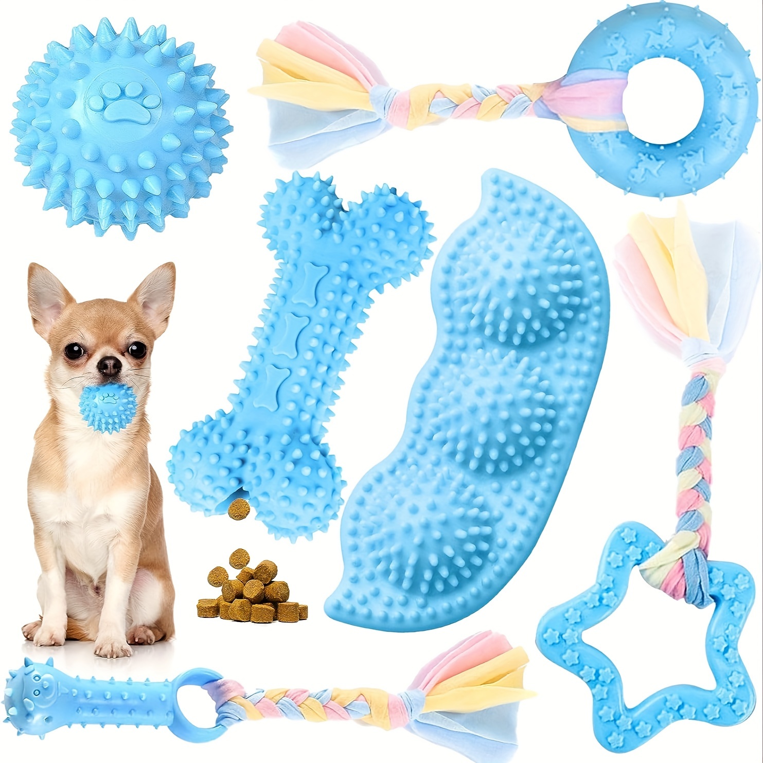 

6 Pack Puppy Chew Toys For Teething, Blue Puppy Toys Small Dog Toys, Soft Rubber Rope Dog Toys, Funny Bone Ball, Cleaning Teeth Dog Chew Toys, Puppy Teething Toys