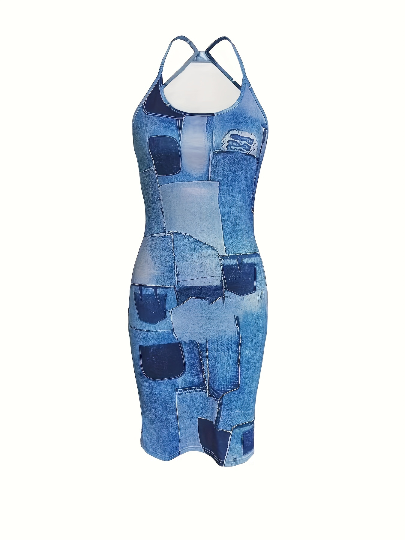 denim print spaghetti dress vintage sleeveless dress for spring summer womens clothing
