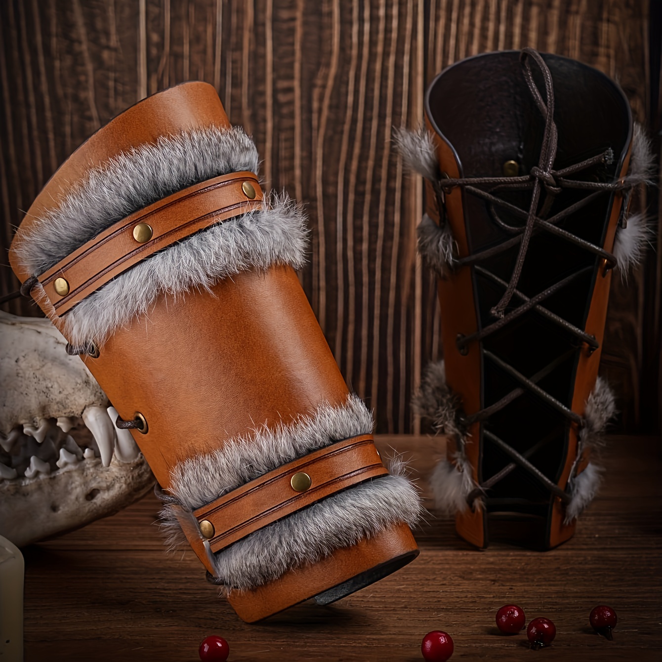 Buy Barbarian Leather and Rabbit Fur Bracers // Viking Bracers Armor //  Norse Online in India 