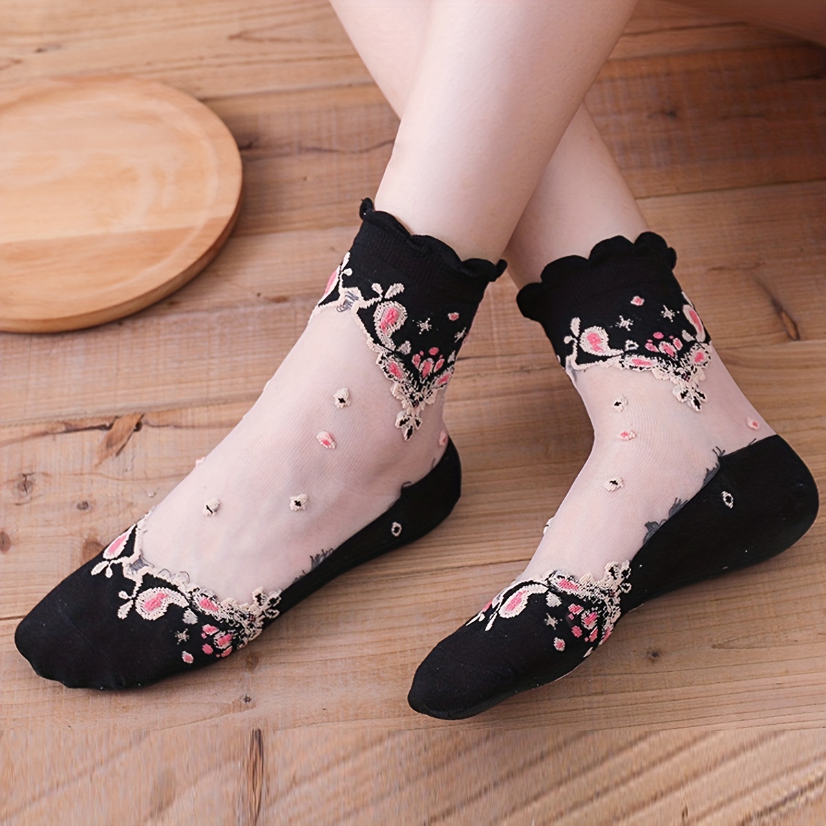 Stylish Flower Lace Trim Mesh Socks Breathable Comfort - Temu Canada