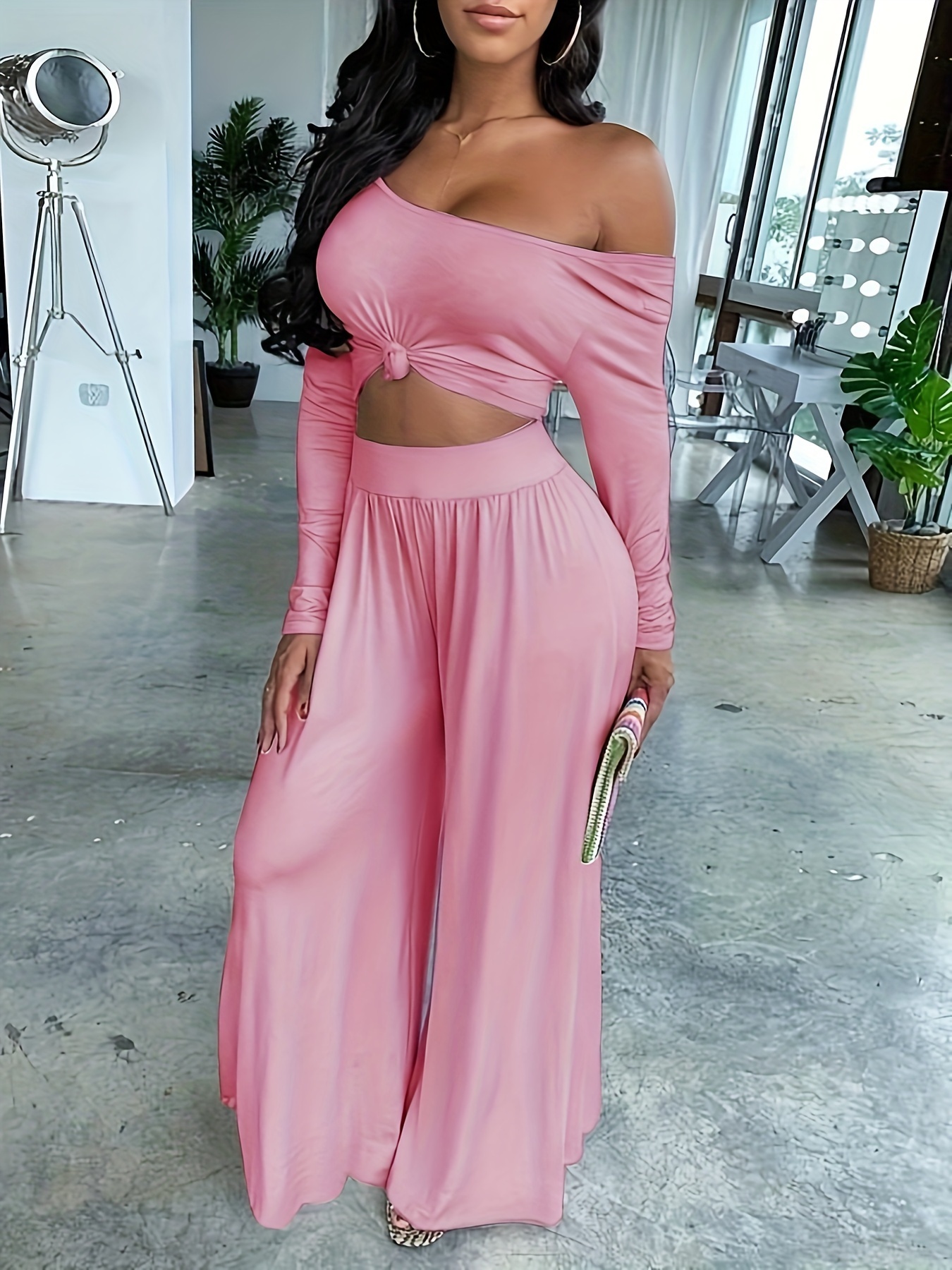 Casual Summer 2 Two Piece Set Women Pink Outfit Long Sleeve Crop