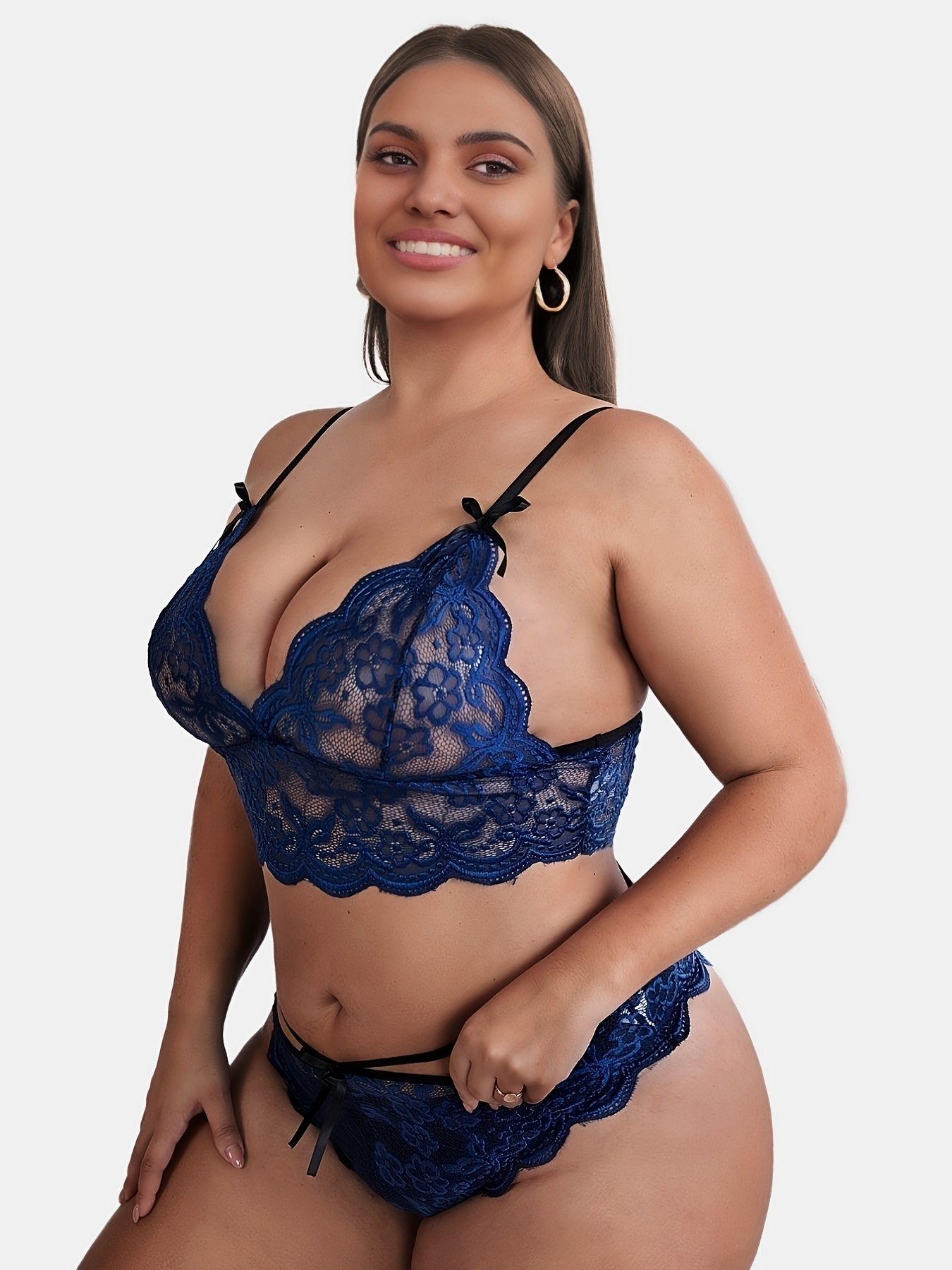 Plus Size * Lingerie Set, Women's Plus Solid PU Leather Strappy Bra & Cut  Out Thong, Harness Lingerie Two Piece Set