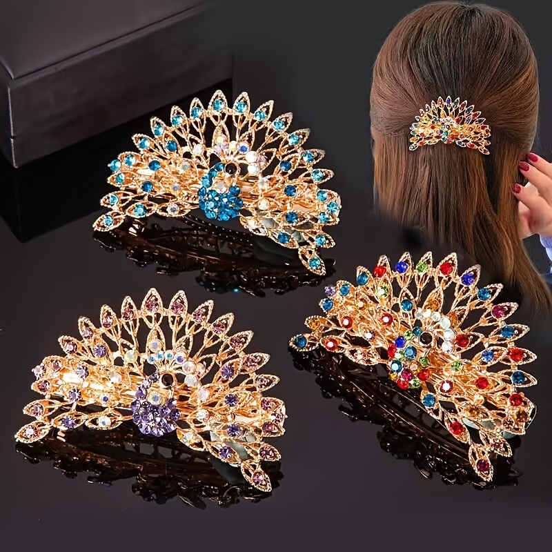 

Vintage Colorful Bling Bling Rhinestone Peacock Shaped Hair Clip Elegant Ponytail Holder Trendy Hair Decoration For Women And Daily Use