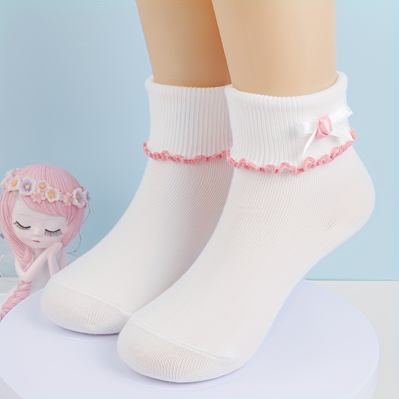 3 Pairs Girls Bowknot Lace Crew Socks