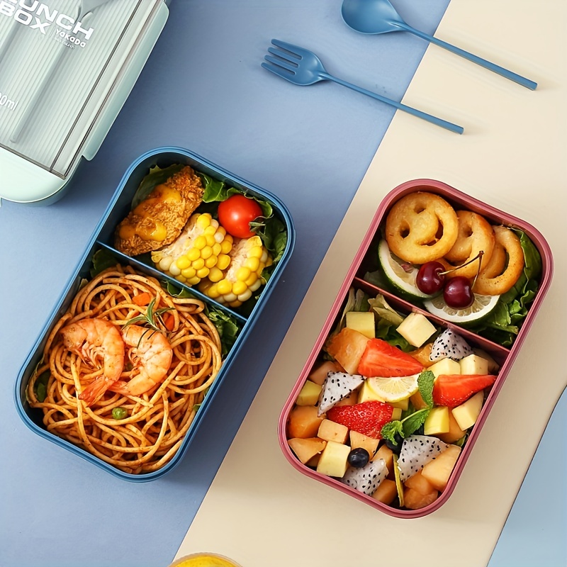 Rectangular Compartmented Lunch Box w/ Chopsticks & Spoons Food Container