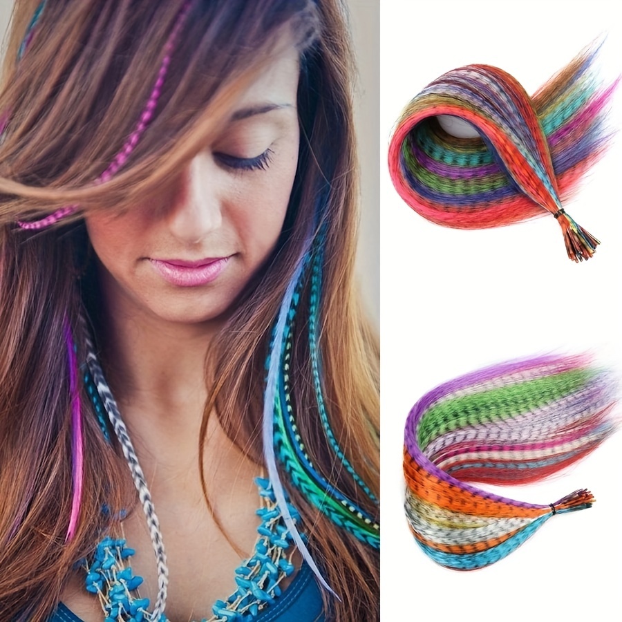 Colored Strands for Hair Feather Extension 10 Pieces I Tip Synthetic Hairpiece Fake Hair Zebra Line Feather Hair Extensions, Human Hair Extensions