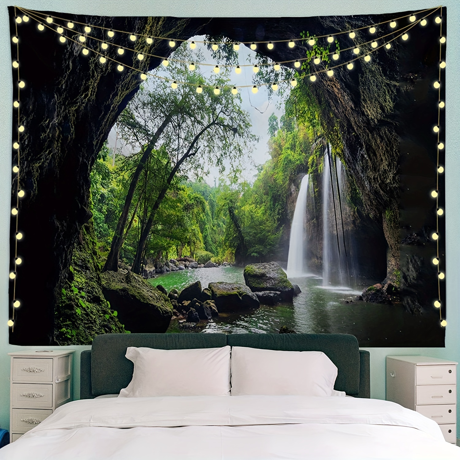 Nature Waterfall Tapestry Wall Hanging Large Cave Forest Lake