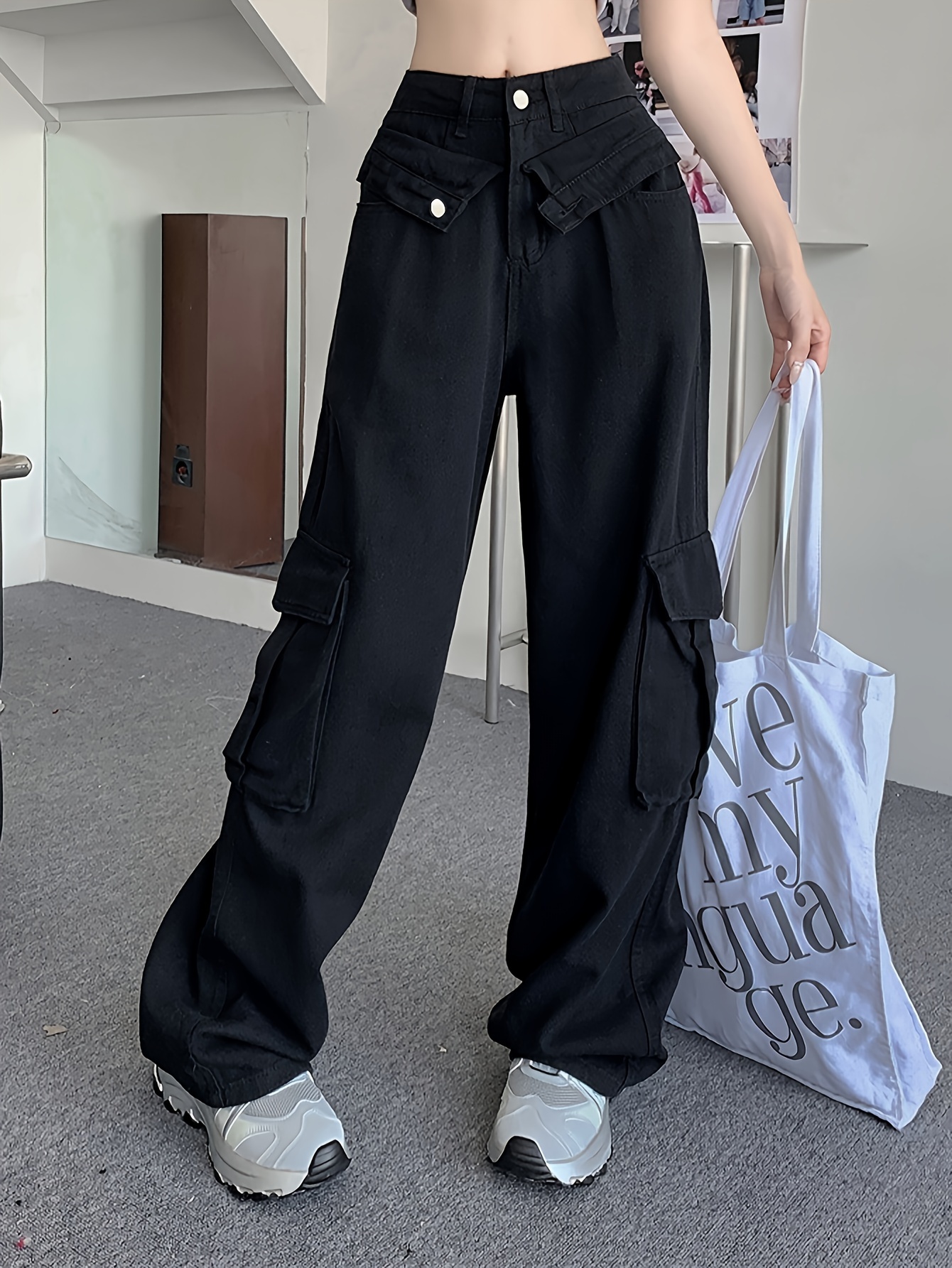 Loose Fit Casual Straight Jeans, Flap Pockets Y2K & Kpop Style Cargo Pants,  Women's Denim Jeans & Clothing