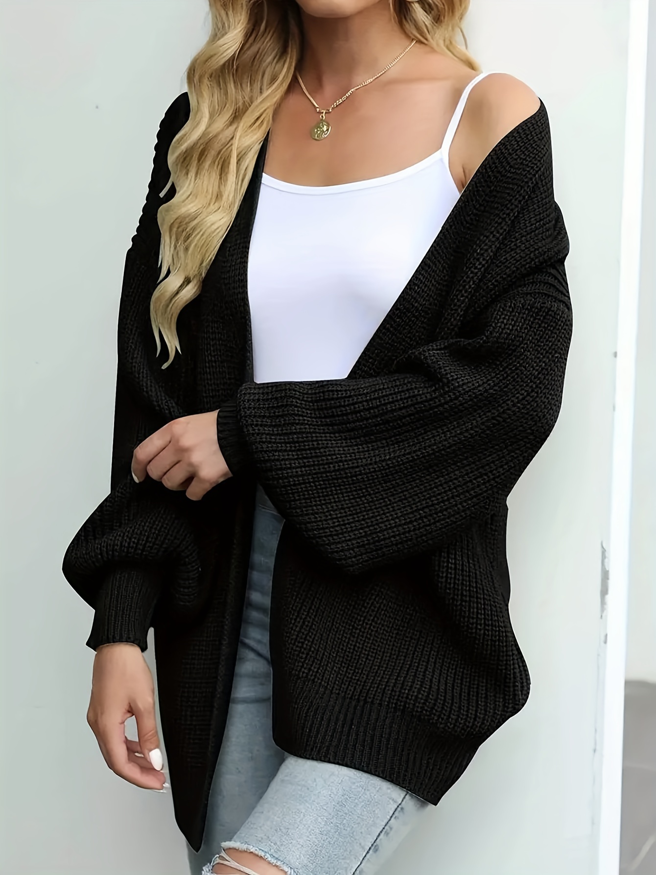 Plus Size Casual Cardigan Women's Plus Solid Lantern Sleeve - Temu