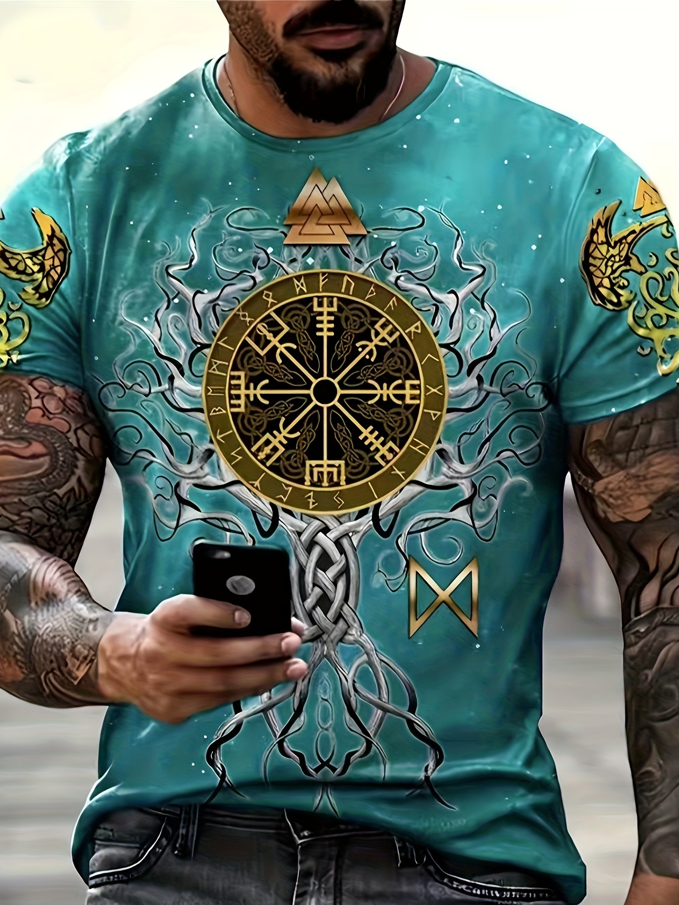 : Men's 3D Viking Odin Tattoo T-Shirt, Norse Mythology