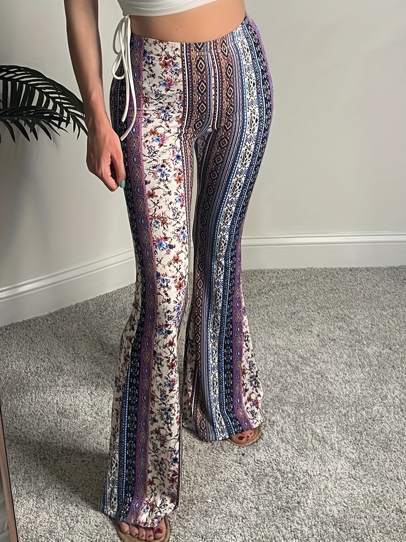 Tribal Striped Print Pants, Boho High Waist Flared Leg Pants, Women's  Clothing