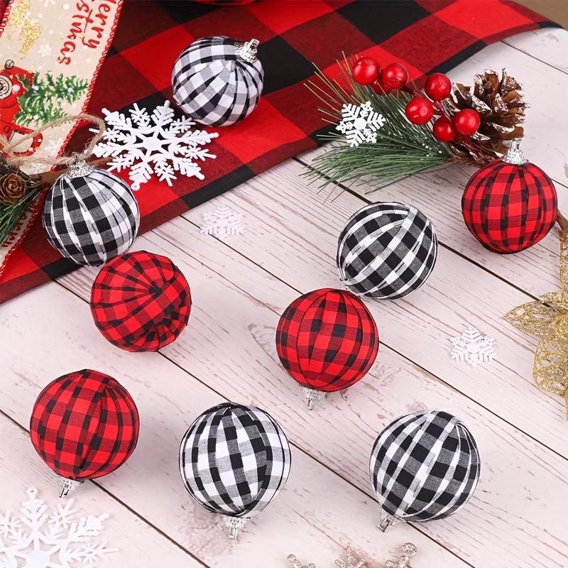 6pcs Christmas Plaid Ball Ornaments - 3 Inch Black & Red Buffalo