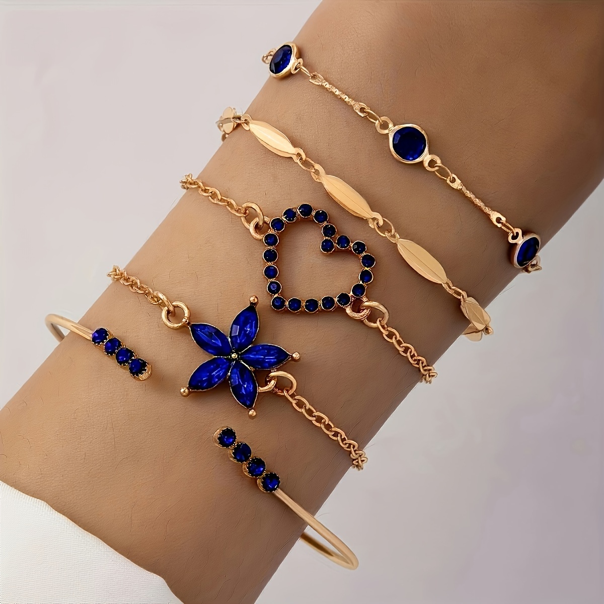 

5pcs Blue Rhinestone Zinc Alloy Chain Bracelet Set Simple Style Hand Chain Jewelry Set For Women Female