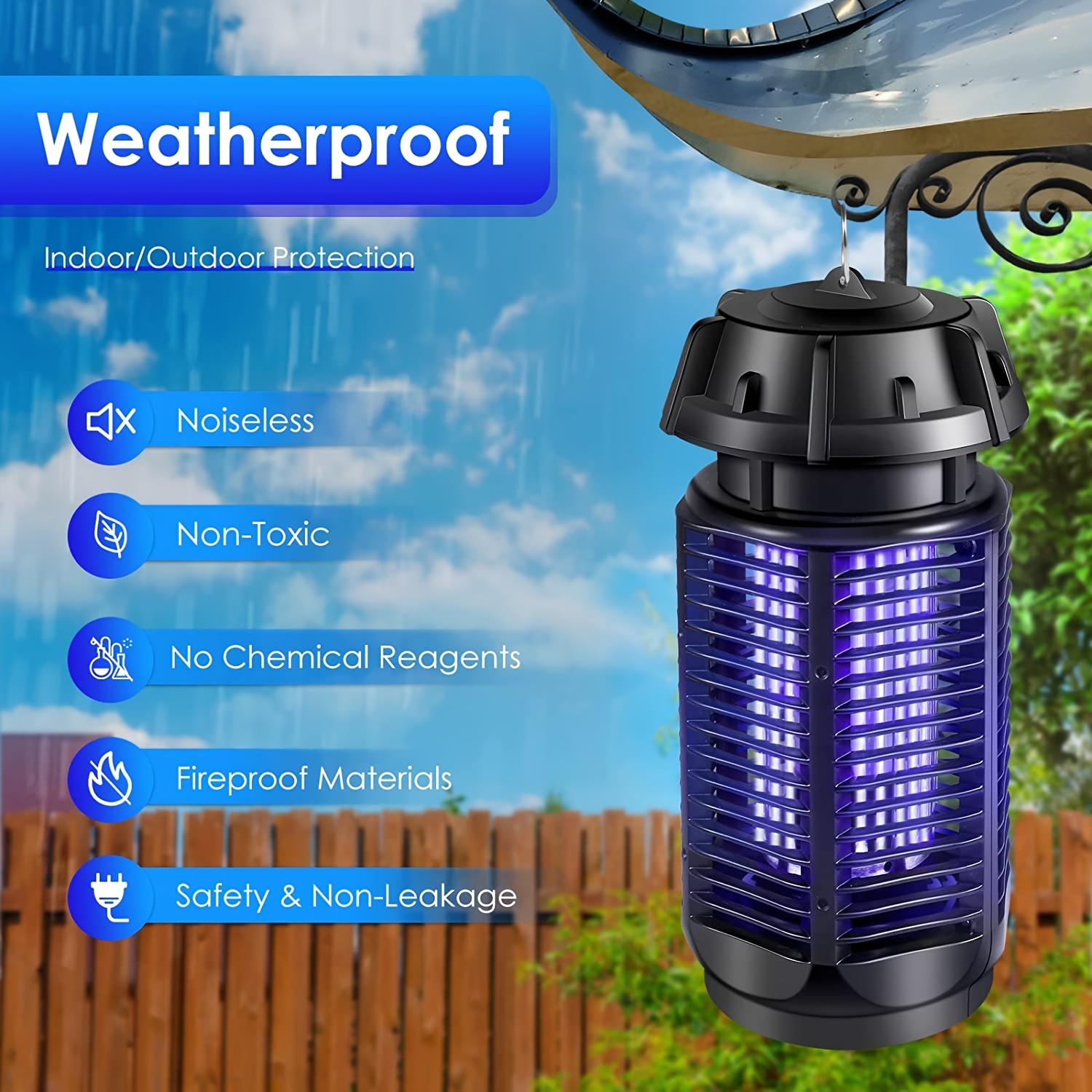 Insect killer, mosquito killer with LED light, lasting 10 hours outdoor and  indoor fly killer, electric fly killer, waterproof mosquito killer in  terrace and courtyard Black 