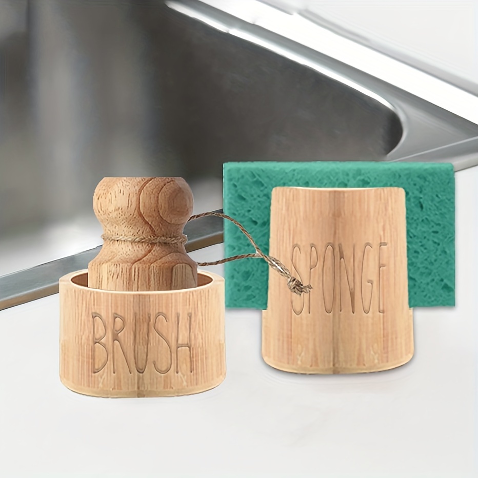 Kitchen Bamboo Dish Brush with Soap Holder Wooden Dish Scrubber with Soap  Dispenser Sink Sponge Holder