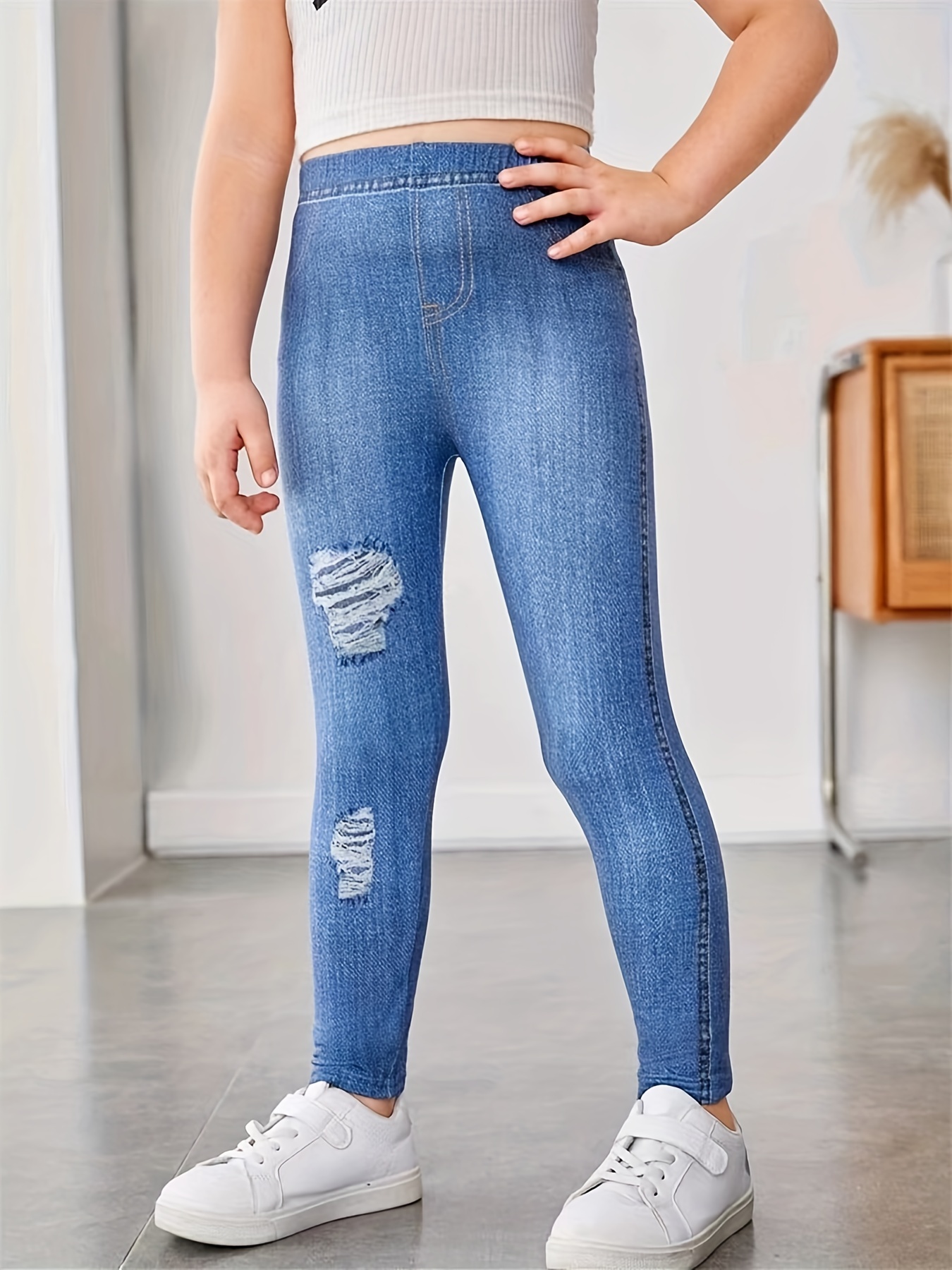 Stretchy High Waist Ripped Jeans Girls Slim Comfy Denim Kids - Temu
