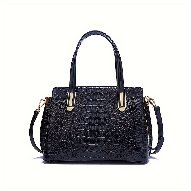 Black Crocodile Embossed Handbag Large Capacity Zipper Tote - Temu