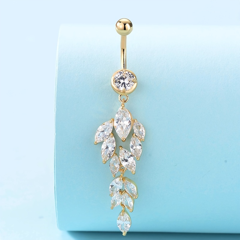 Long Leaf Shape Zircon Drop Belly Button Ring