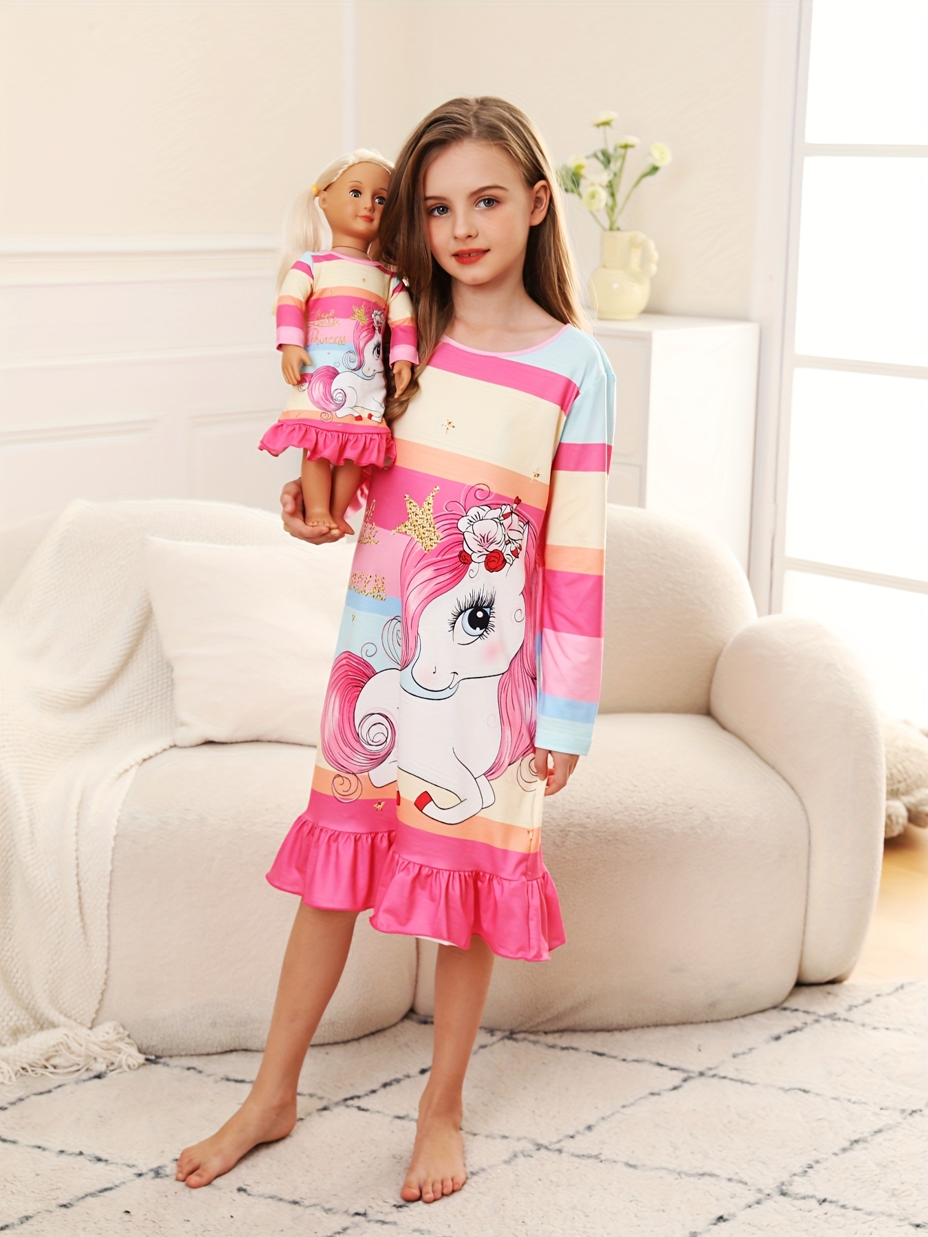 Girl Doll Unicorn Rainbow Pajamas Set Cute Matching Night - Temu