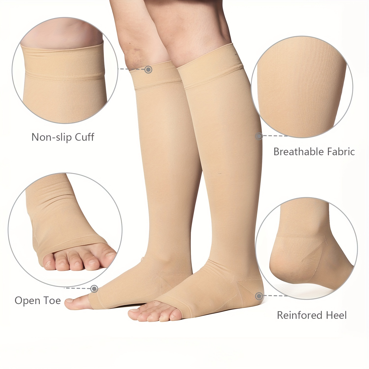 KEVVI Compression Stockings for Women & Men, Open Toe, Ted Hose Socks 20-30  mmHg,Compression Hose, Compression Socks for Women Circulation, Support Hose  for Women Compression, Compression Tights(Beige, X-L) : : Clothing  