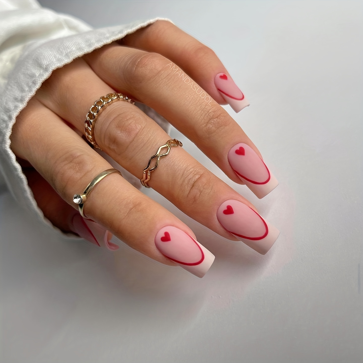 24Pcs False Nail Short Long Coffin French Pink Heart Press On Nails for Nail  Art