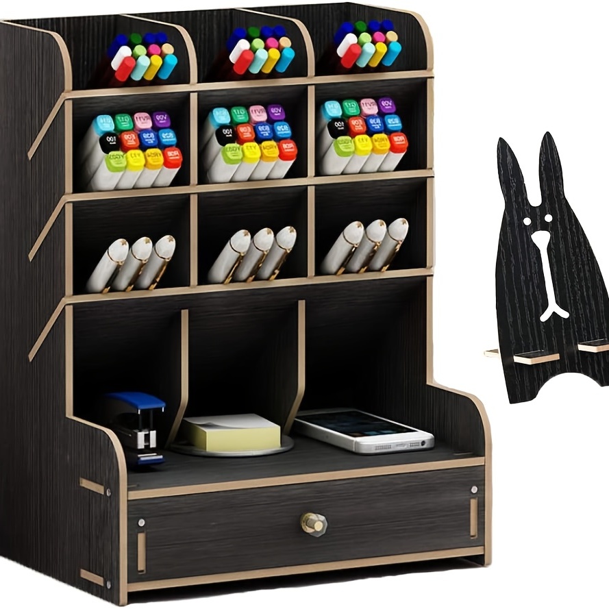 WuGeShop Portalápices de madera para escritorio, organizador de 4  compartimentos, organizador de papelería de escritorio rústico, soporte  para